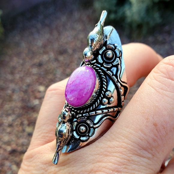 New Pink Rainbow Moonstone 925 Silver Birds Statement Ring. - Picture 14 of 16